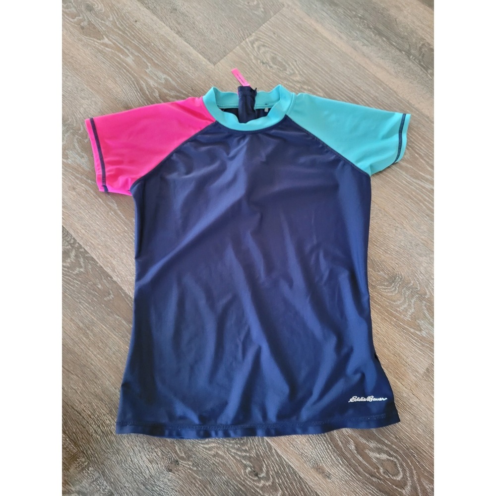Eddie Bauer Kids Rash Guard L 14/16 Navy Blue Pink Short Sleeve Swim Shirt #8